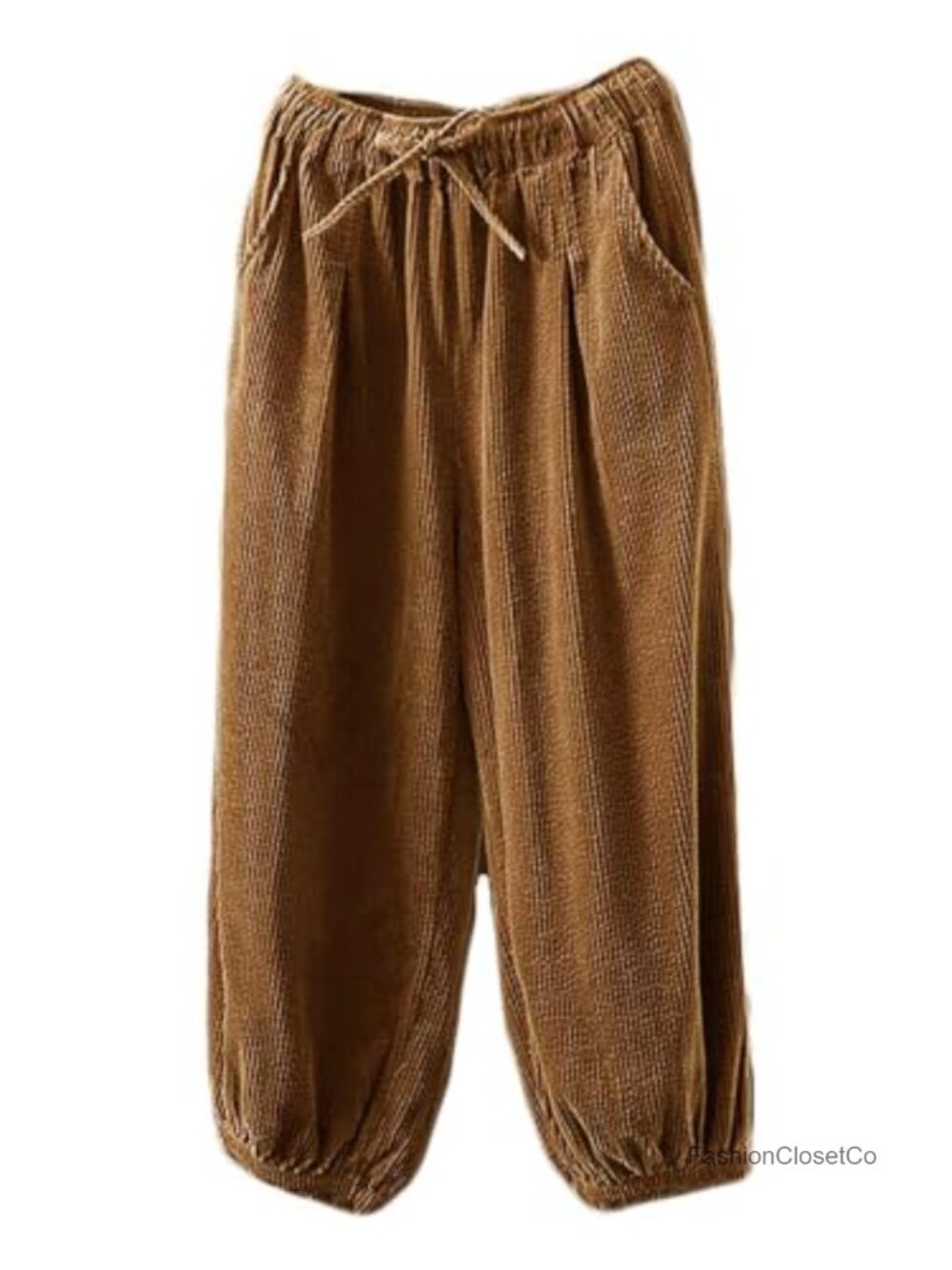 Womens Corduroy Cotton Wide Leg Tapered Capri Pants Drawstring Elastic Waist
